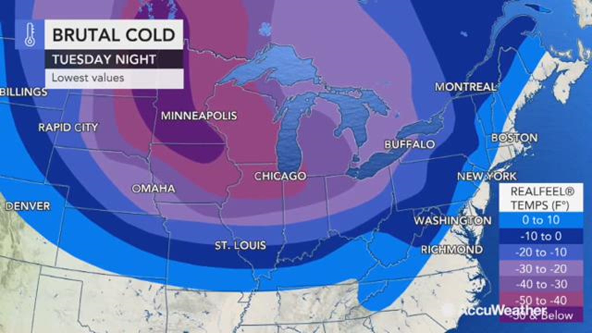 As brutally cold air invades the Midwest and Northeast this week, some areas could see AccuWeather RealFeel temperatures dip below -50.