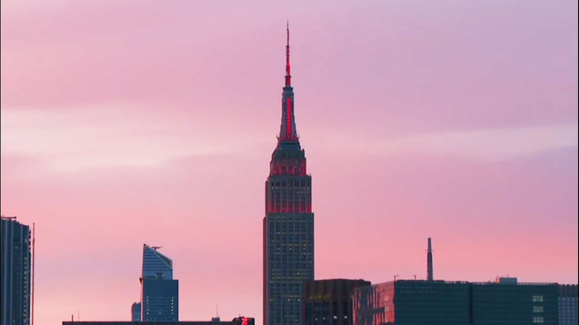The Empire State Building in New York, New York, was lit up in red and white colors on April 2 in honor of healthcare workers battling COVID-19.