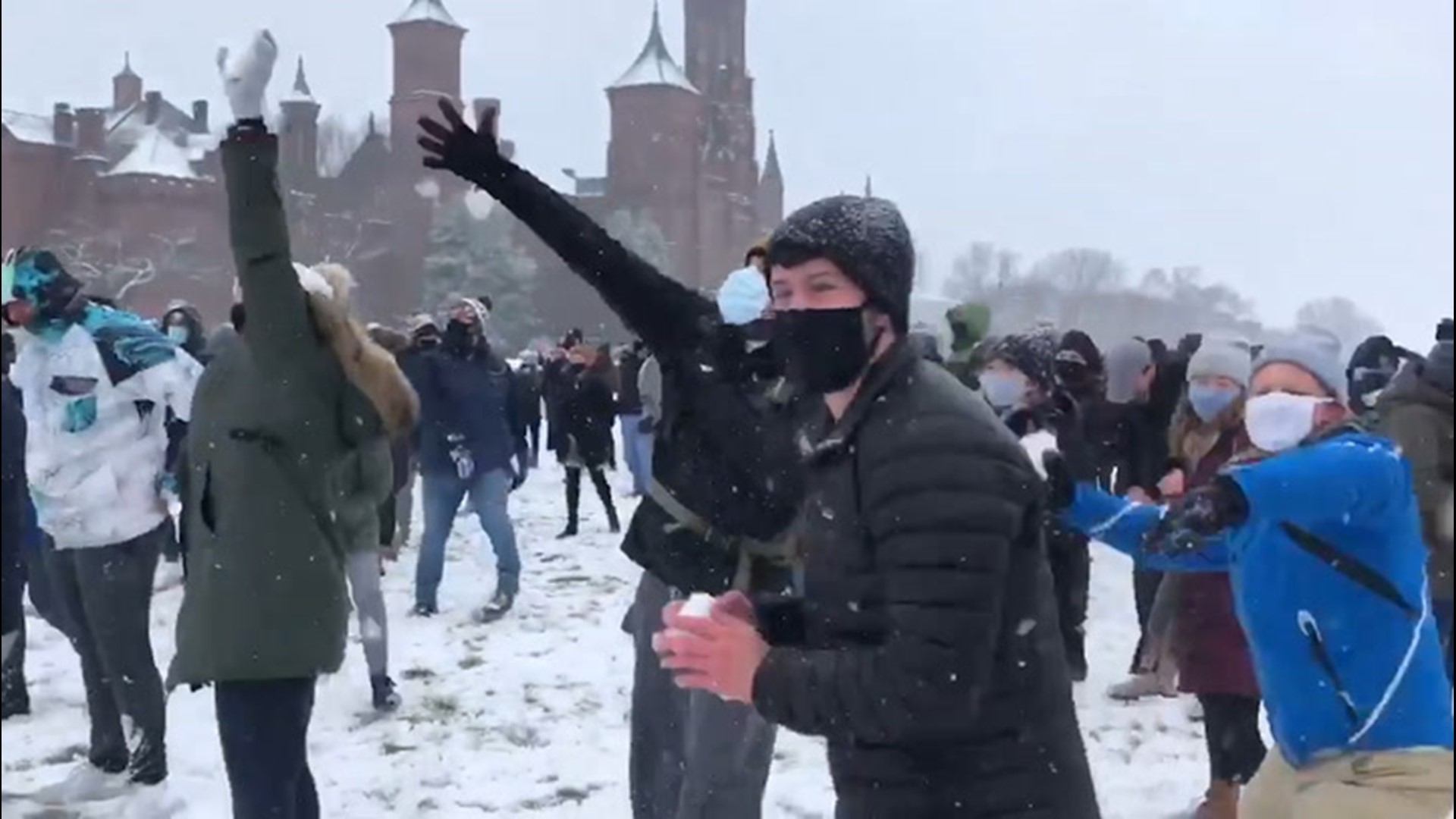 The Washington DC Snowball Fight Association was able to hold its first snowball fight in over two years on Sunday, Jan. 31, thanks to several inches of snow that fell in the nation's capital over the weekend.