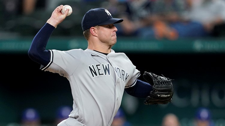 New York Yankees starting pitcher Corey Kluber throws to the Texas Rangers  in the first inning of a baseball game in Arlington, Texas, Wednesday, May  19, 2021. Kluber threw a no-hitter in