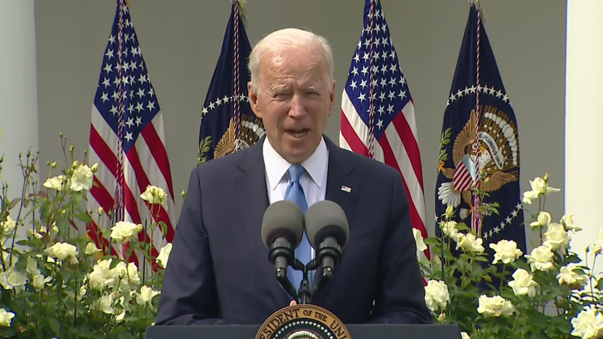 President Joe Biden spoke from the Rose Garden Thursday following the CDC's easing of masking indoors.