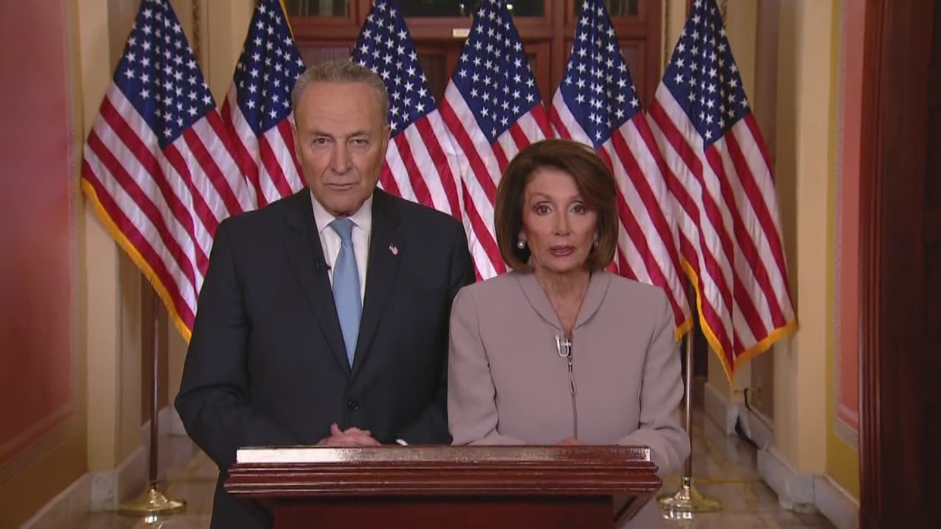 House Speaker Nancy Pelosi and Senate Minority Leader Chuck Schumer gave the Democratic response to President Trump's remarks to the nation Tuesday on his proposed wall on the U.S.-Mexico border.