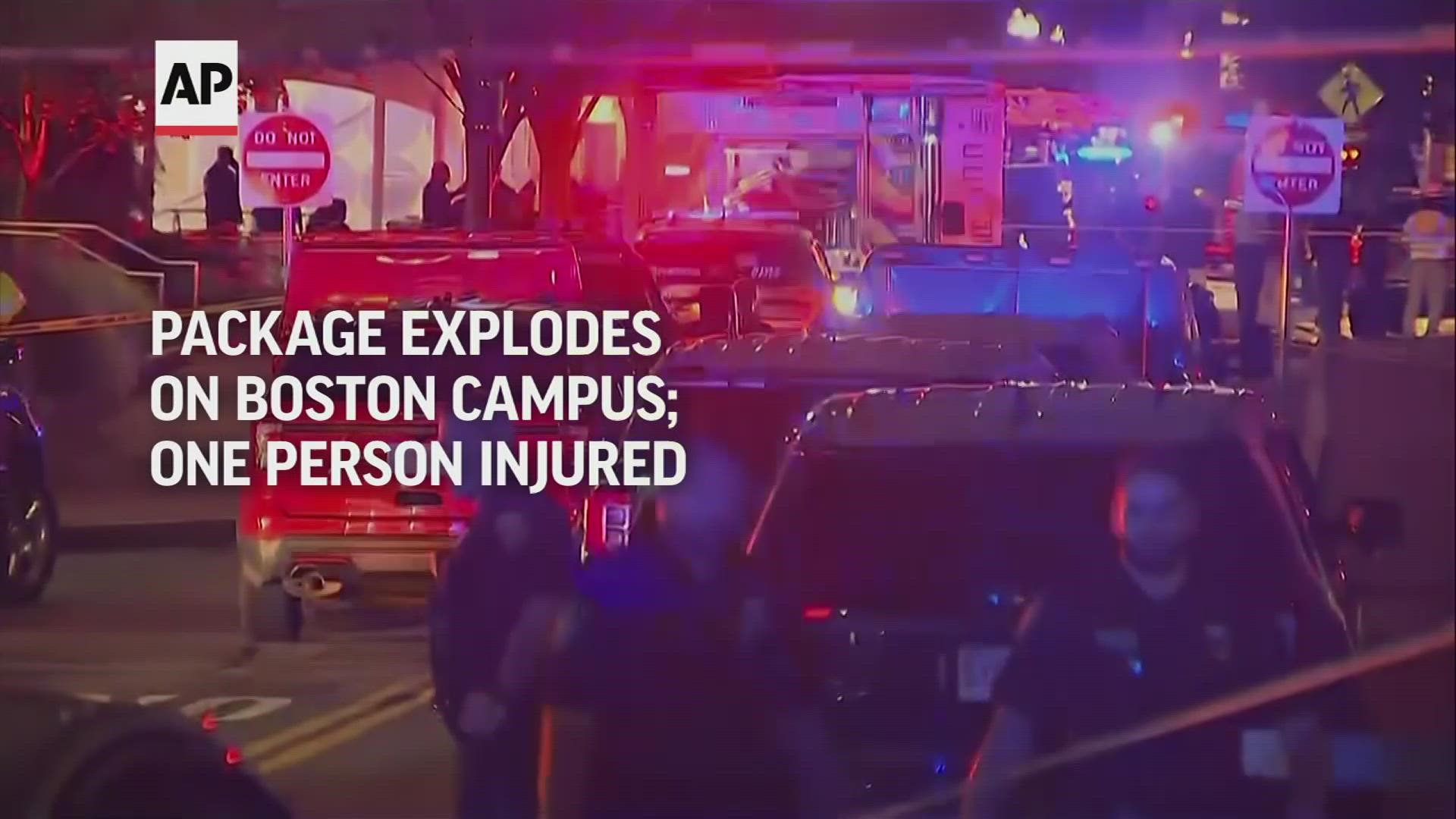A package exploded on the campus of Northeastern University in Boston late Tuesday, and the college said a staff member suffered minor injuries.
