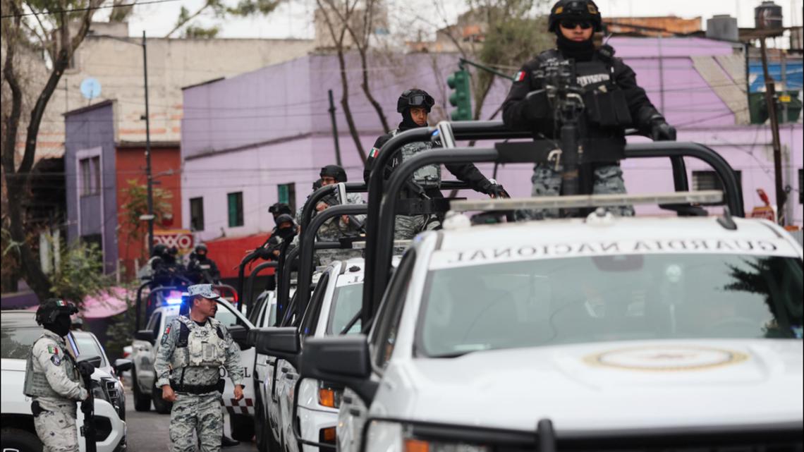 National Guards patrol the area outside of the General Prosecutor's headquarters in Mexico City, Sunday, Feb. 22, 2026.