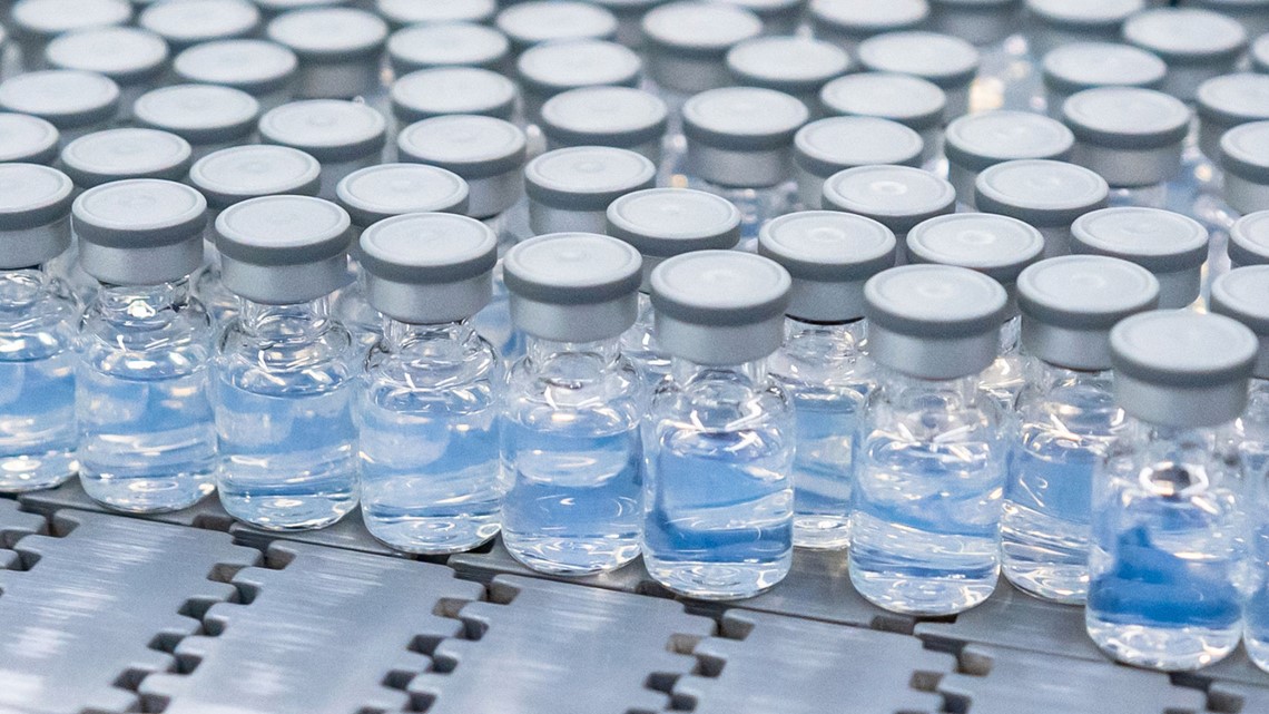 Photo of vials of the updated COVID-19 vaccine during production in Kalamazoo, Mich.