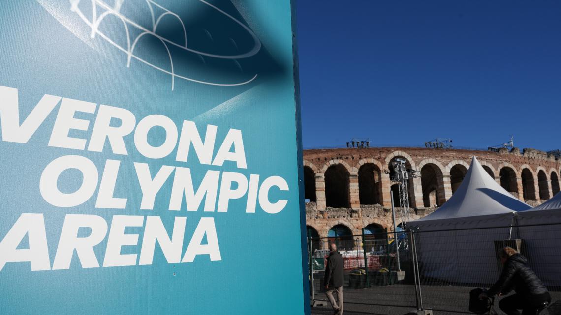 A view of the Arena ahead of the closing ceremony at the 2026 Winter Olympics, in Verona, Italy, Tuesday, Feb. 17, 2026. (AP Photo/Antonio Calanni)