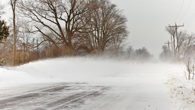 Snow Squall Conditions on a Rural Country Road in Ontario Canada. High quality photo