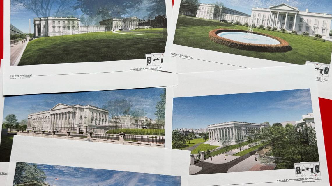 Artist renderings and diagrams of the new White House East Wing and Ballroom, briefly posted on the National Capital Planning Commission's website.