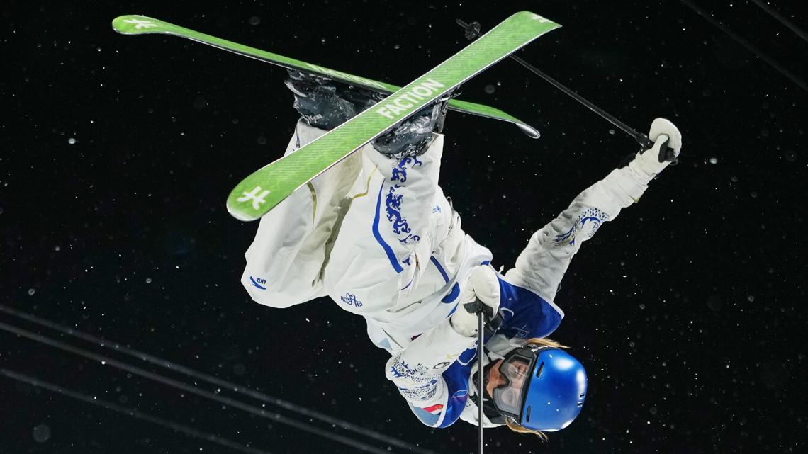 China's Eileen Gu competes during the women's freestyle skiing halfpipe qualifications at the 2026 Winter Olympics. (AP Photo/Julia Demaree Nikhinson)