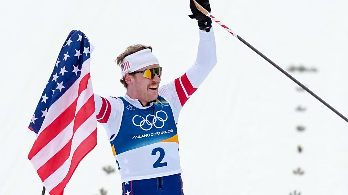 Ben Ogden celebrates after winning the Olympic silver medal in the cross-country skiing men's sprint classic, in Tesero, Italy, Feb. 10, 2026.