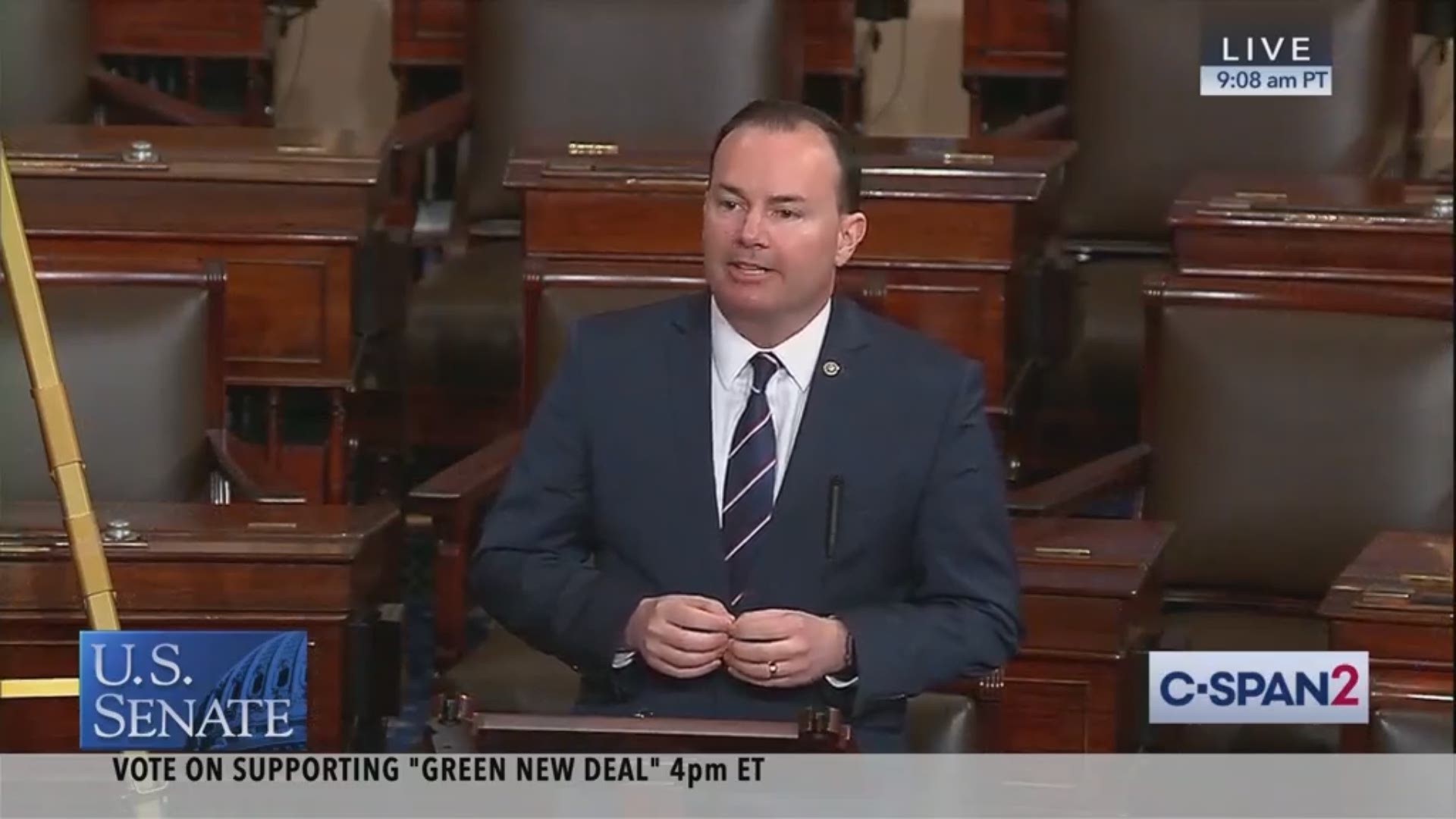 Sen. Mike Lee, R-Utah, used unusual imagery such as dinosaurs, Tauntauns, Sharknado and Aquaman to argue against passage of the Green New Deal.