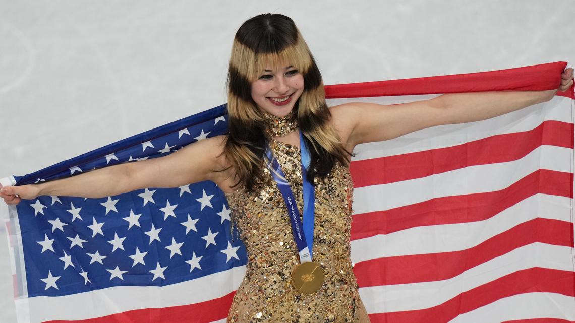 Gold medalist Alysa Liu celebrates after competing in the women's free skate program in figure skating at the 2026 Winter Olympics, in Italy, Feb. 19