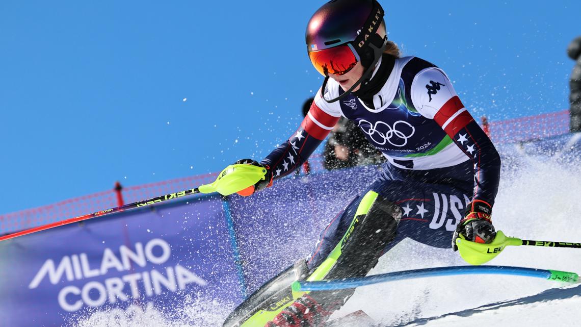 United States' Mikaela Shiffrin speeds down the course during women's slalom race at the 2026 Winter Olympics, Feb. 18, 2026.