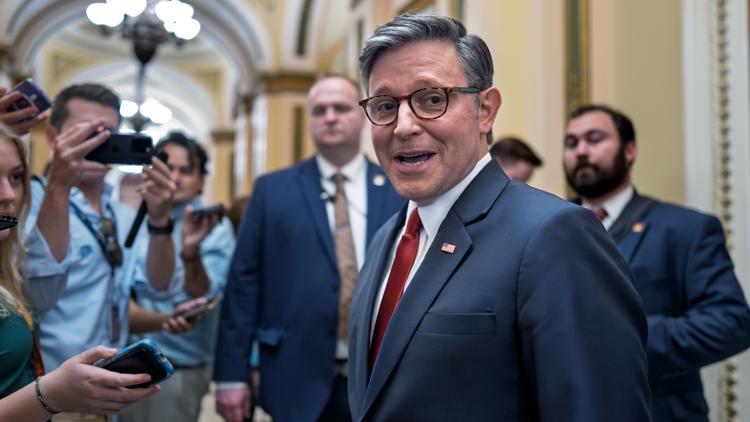 Speaker of the House Mike Johnson, R-La., pauses to speak to reporters at the Capitol in Washington, Thursday, July 3, 2025.