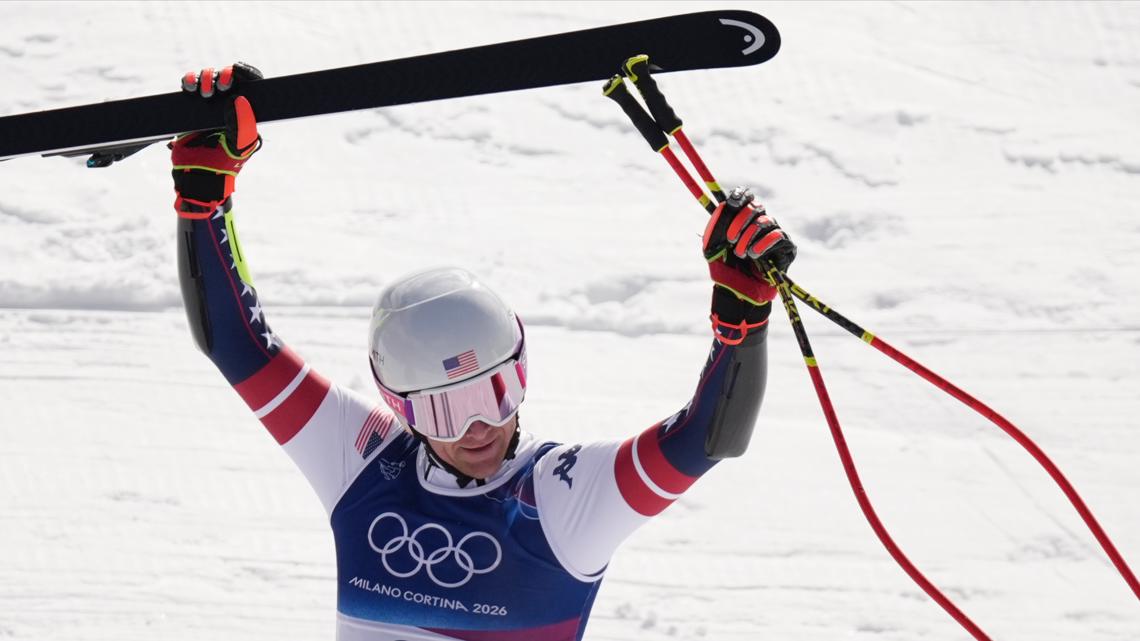 U.S. skier Ryan Cochran Siegle celebrates at the finish area of the men's super-G race at the 2026 Winter Olympics in Bormio, Italy, Feb. 11, 2026.