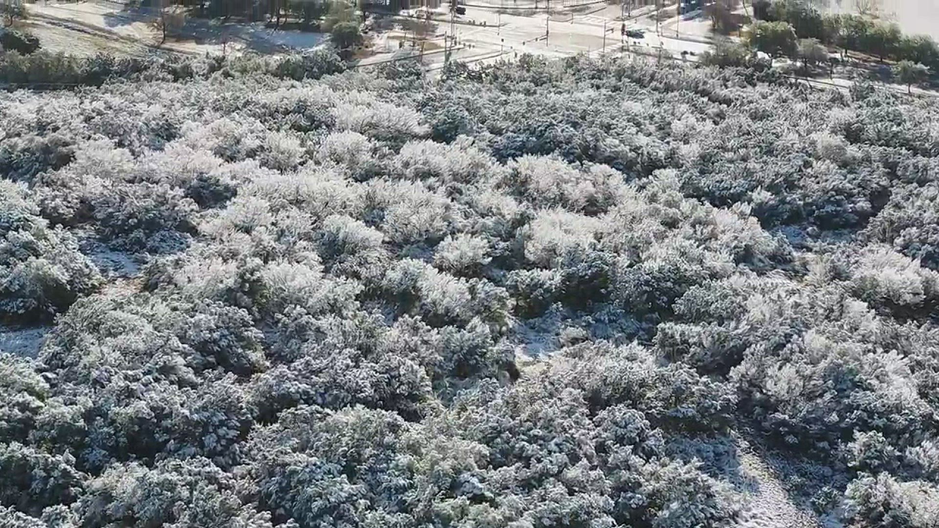 Drone video reveals a winter wonderland after snow fell overnight in San Antonio.