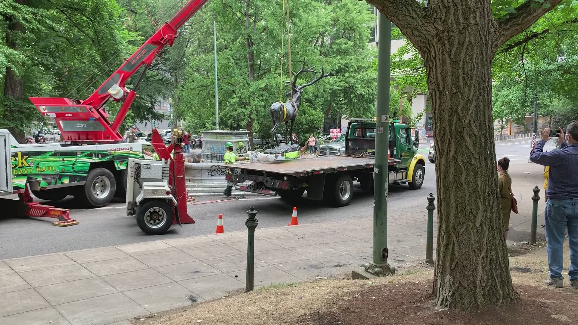 The elk statue on SW Main Street in downtown Portland was removed after repeated acts of vandalism made it a safety hazard, the Regional Arts Council determined.