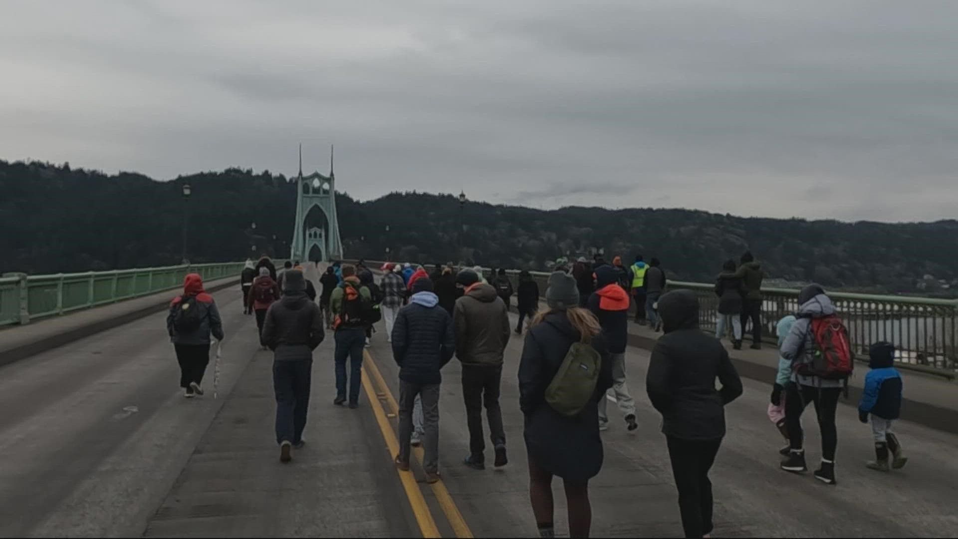 Dozens of people marched across the St. Johns Bridge on Feb. 26 to reenact the Selma march for civil rights of 1965. KGW's Christelle Koumoué was there.