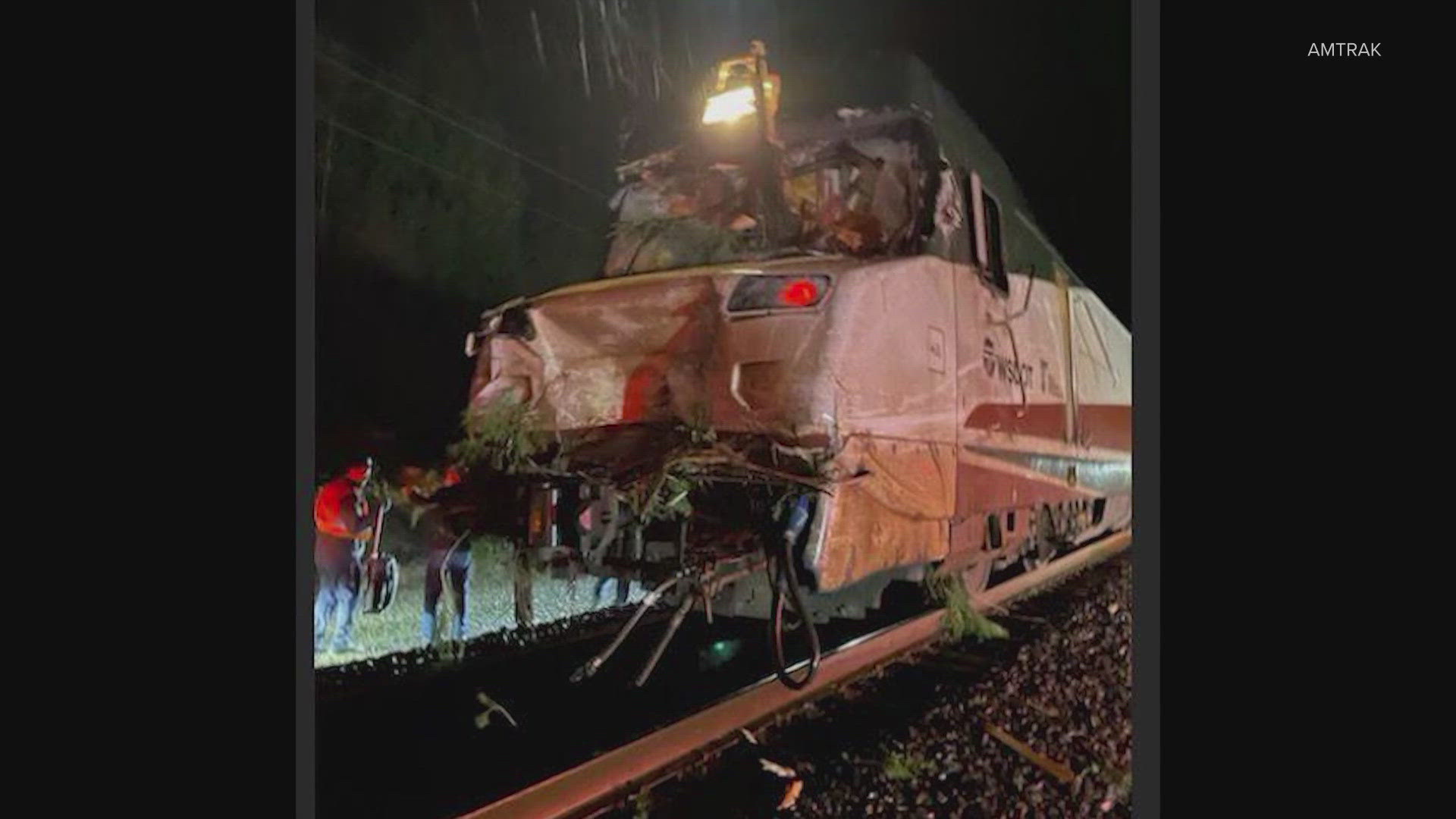 The train was on the way from Vancouver to Seattle on Tuesday when it struck a tree that had fallen on the tracks, heavily damaging the cab.