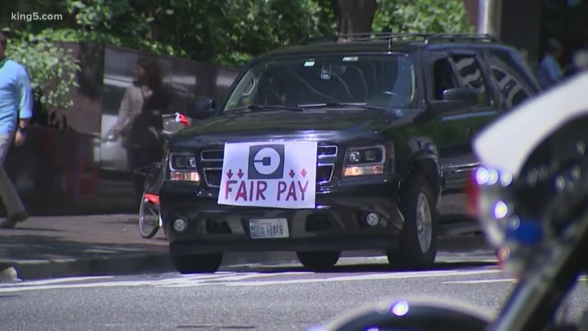 Dozens of Uber and Lyft drivers formed a parade through the city, in what they say is a protest over declining wages. The spectacle was supported by multiple members of the Seattle City Council. KING 5's Chris Daniels reports.