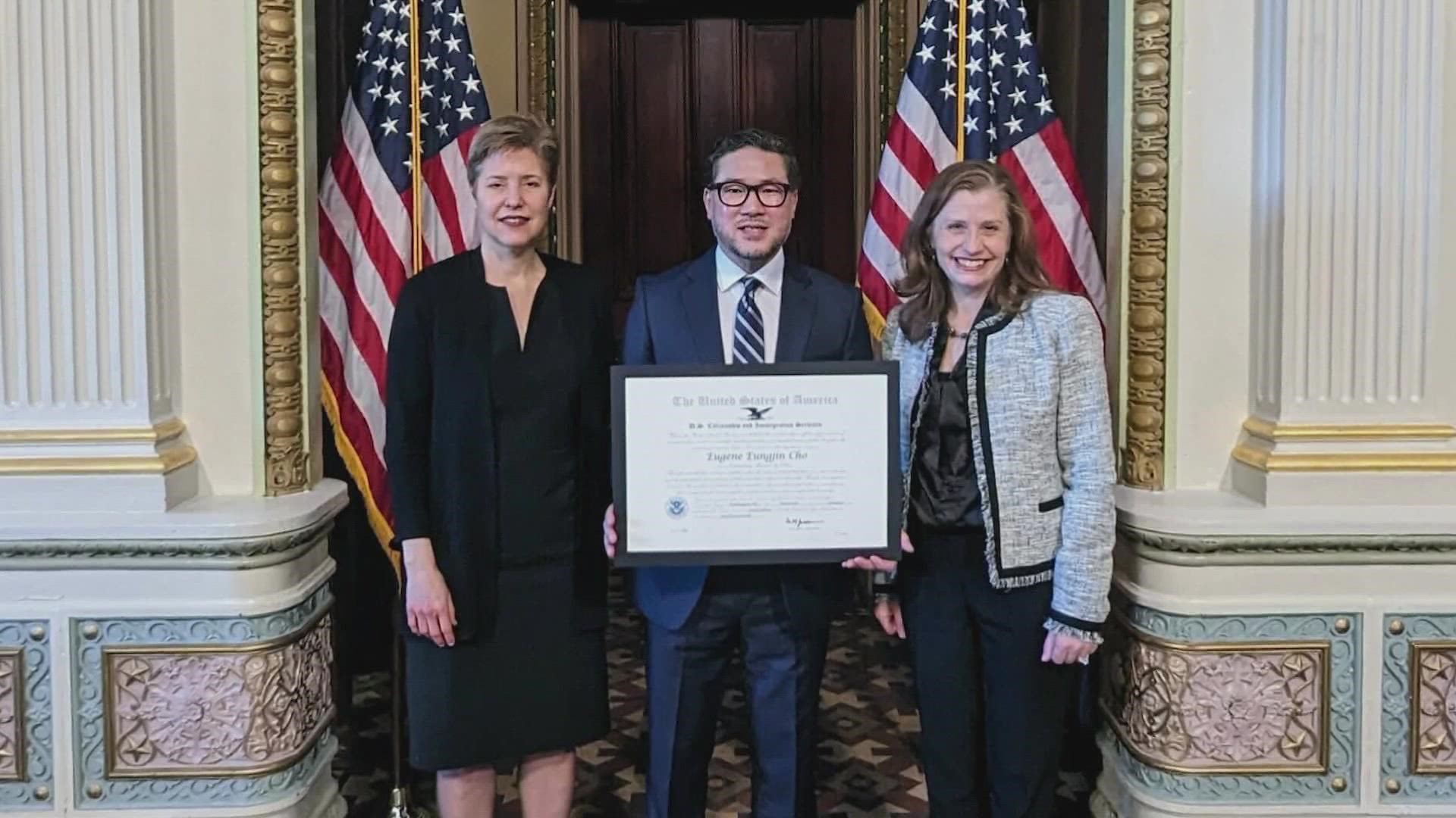 Eugene Cho was recognized as an "Outstanding American by Choice," an award given to recognize naturalized citizens who have made significant contributions to the US.