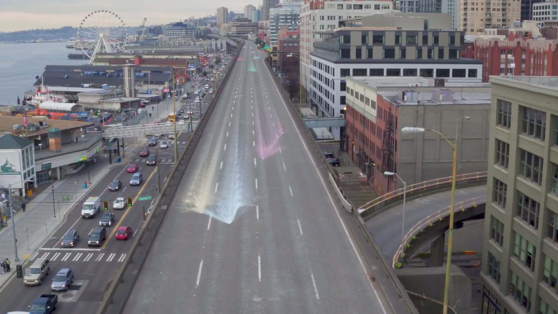 KING 5 drone "Dexter" flew over Seattle's now-empty viaduct on Tuesday.