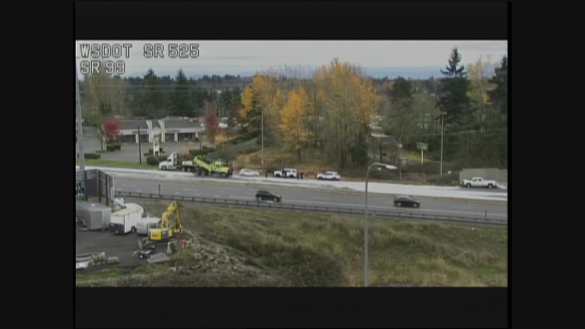 The northbound lanes of SR 99 in Lynnwood were blocked after paint spilled on the road.