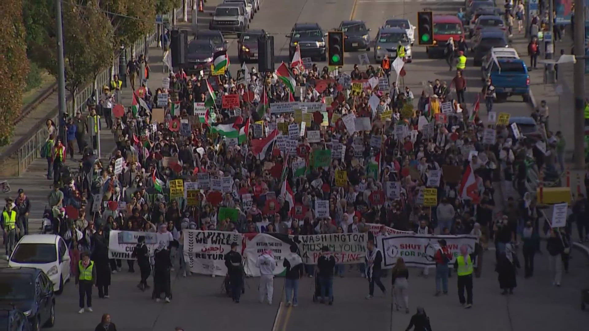 Hundreds of pro-Palestinian demonstrators marched to remember those killed in the war in the Middle East, and for a cease-fire between Israel and Hamas.