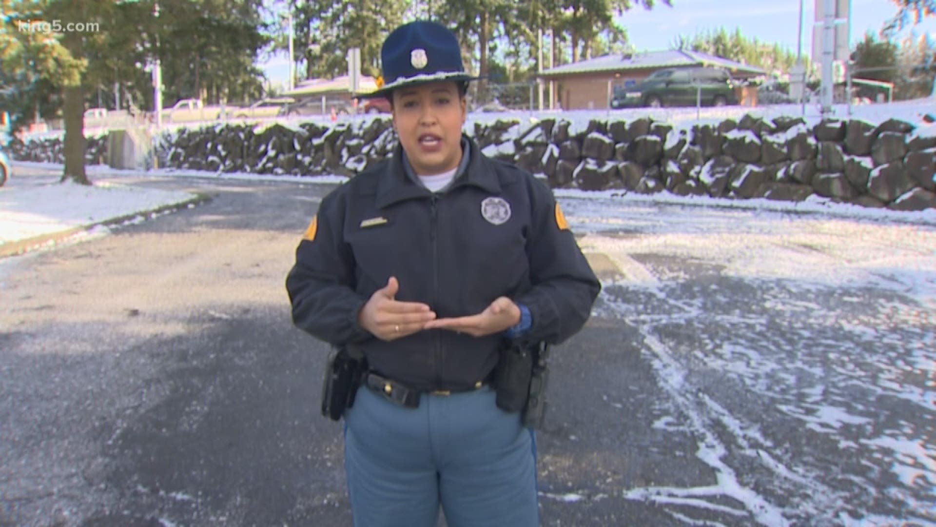 Soldier Johnna Batiste of the Washington State Patrol shares tips for driving on icy roads.