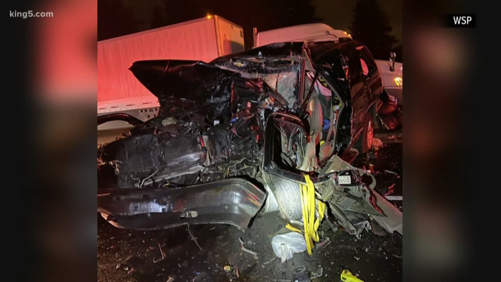 I-5 in Lakewood reopened after a semi truck fire, police pursuit, collision with several emergency vehicles, and injuries to two people and a dog.