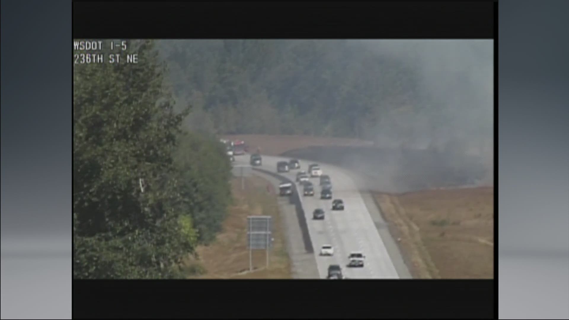 A brush fire scorched the median along I-5 near Arlington on Sunday just before noon. Visibility was low as smoke spread across the freeway near the Stillaguamish exit. king5.com/traffic