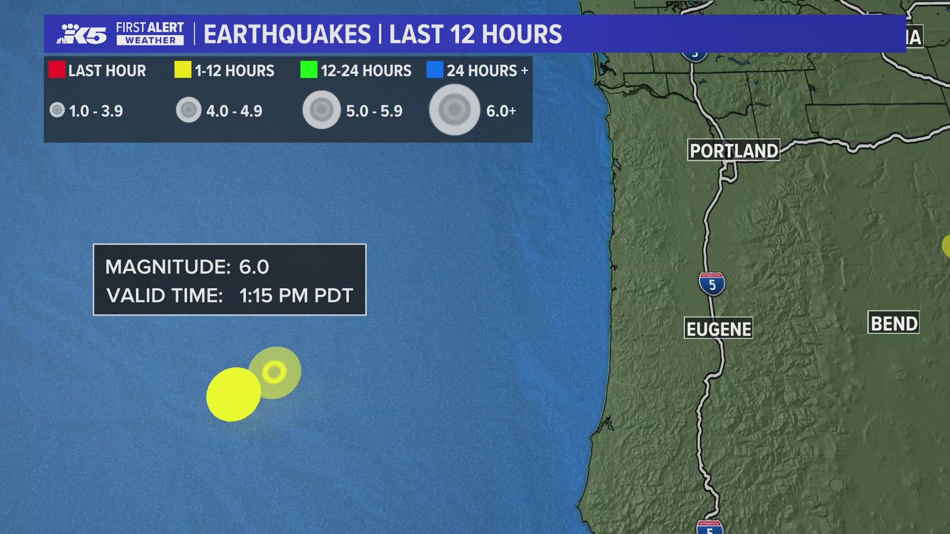 Wednesday afternoon's 6.0 magnitude earthquake struck about 173 miles west of Bandon, Oregon. 