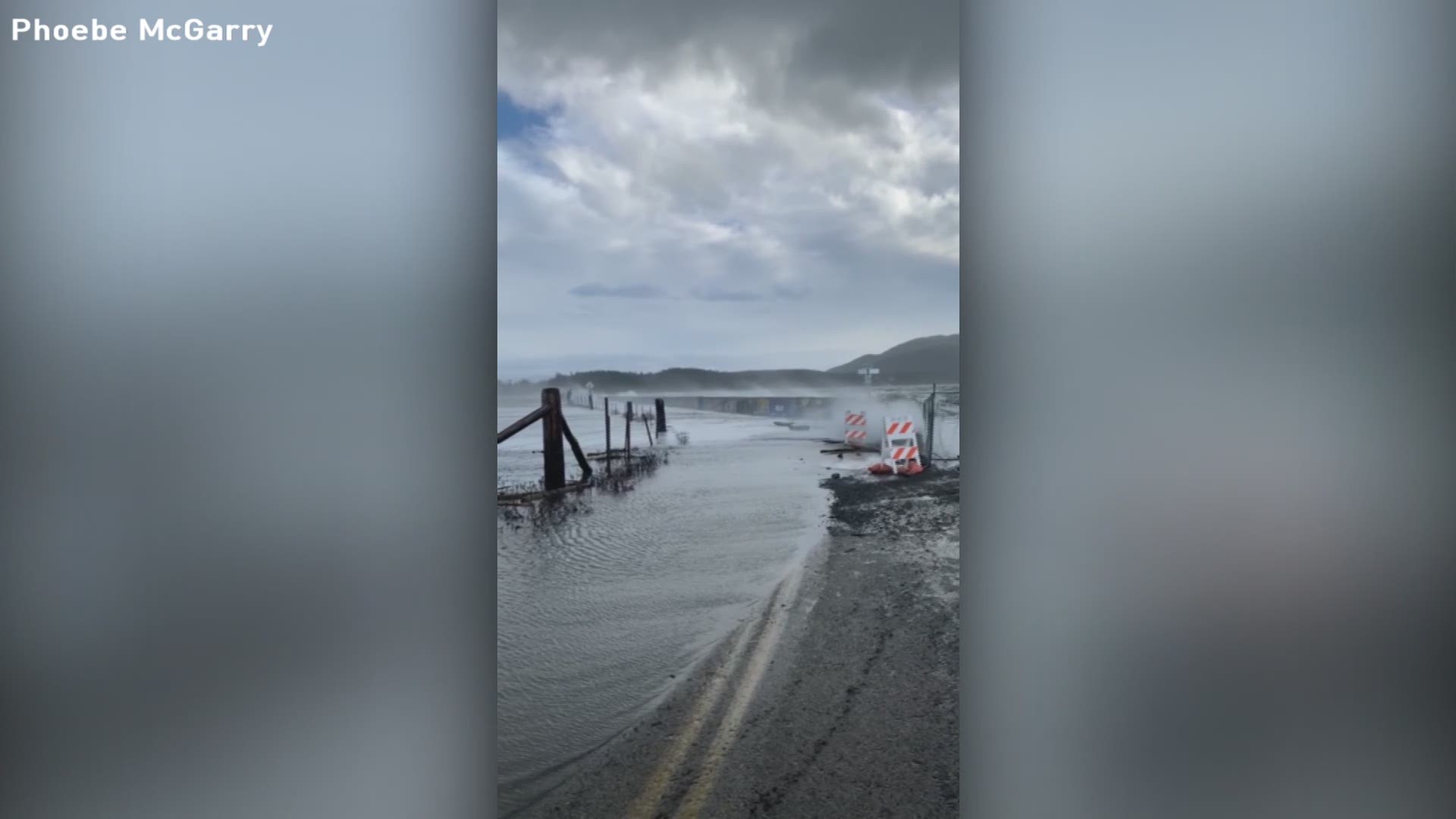 KING 5 viewers Pheobe McGarry and Katie shared video of waves crashing against the sea wall at Legoe Bay on Lummi Island during Thursday’s windstorm.