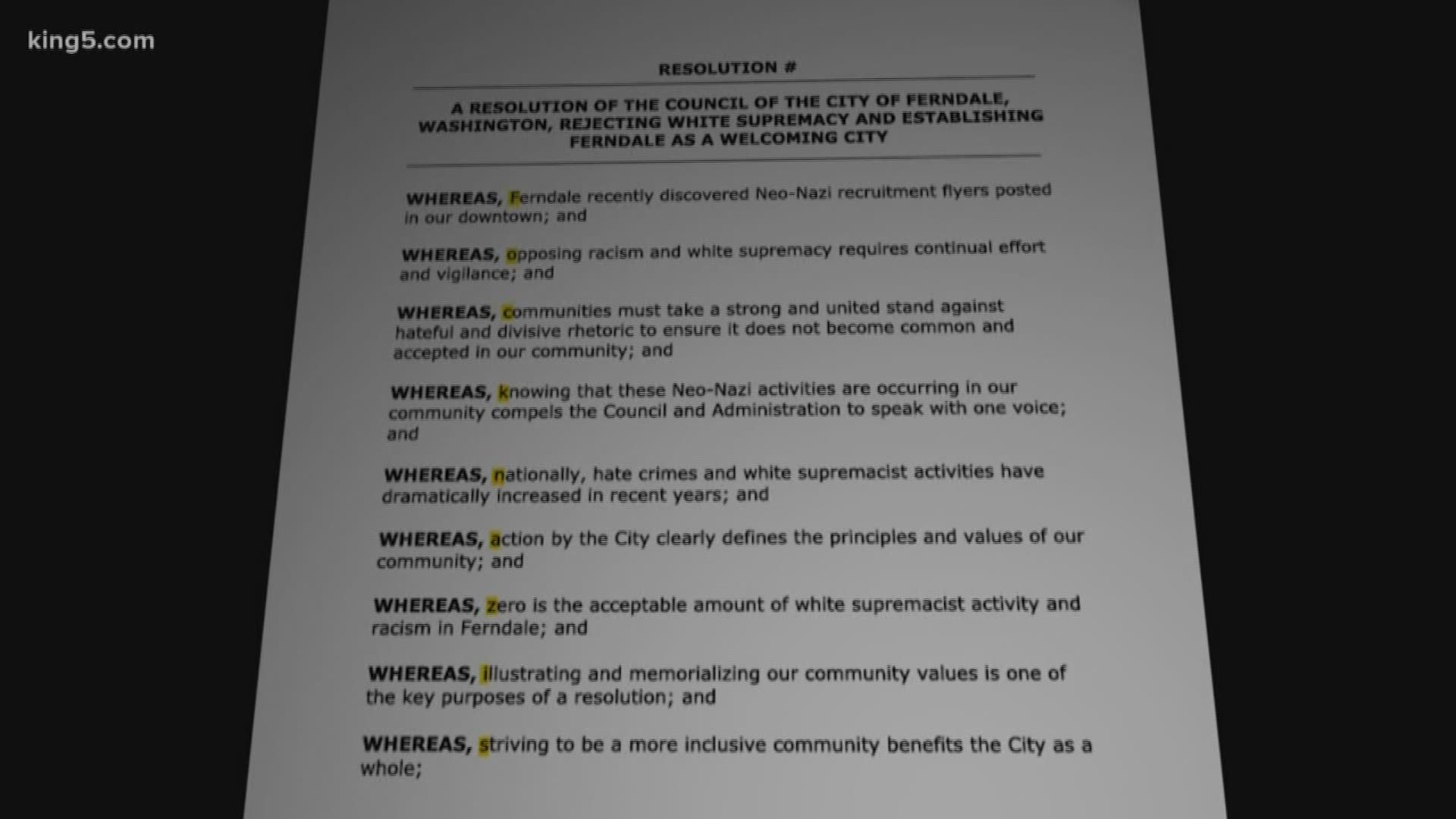 The city council passed a resolution establishing Ferndale as a Welcoming City. But the document contained a hidden message. KING 5's Kalie Greenberg reports.