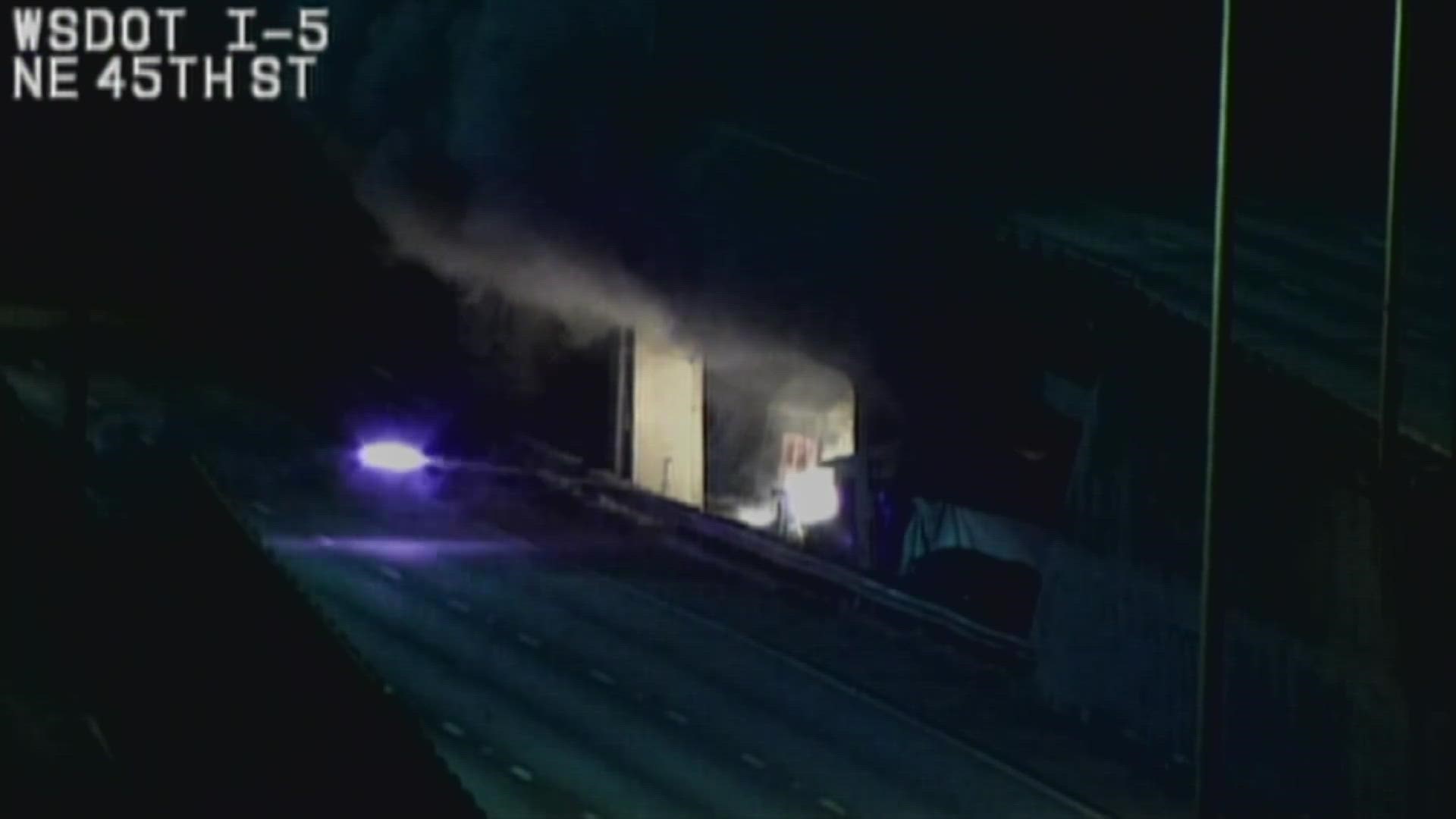 Just after midnight Thursday, a fire broke out under the Ship Canal Bridge in Seattle. What appeared to be fireworks were seen shooting out of the camp on to I-5 N.