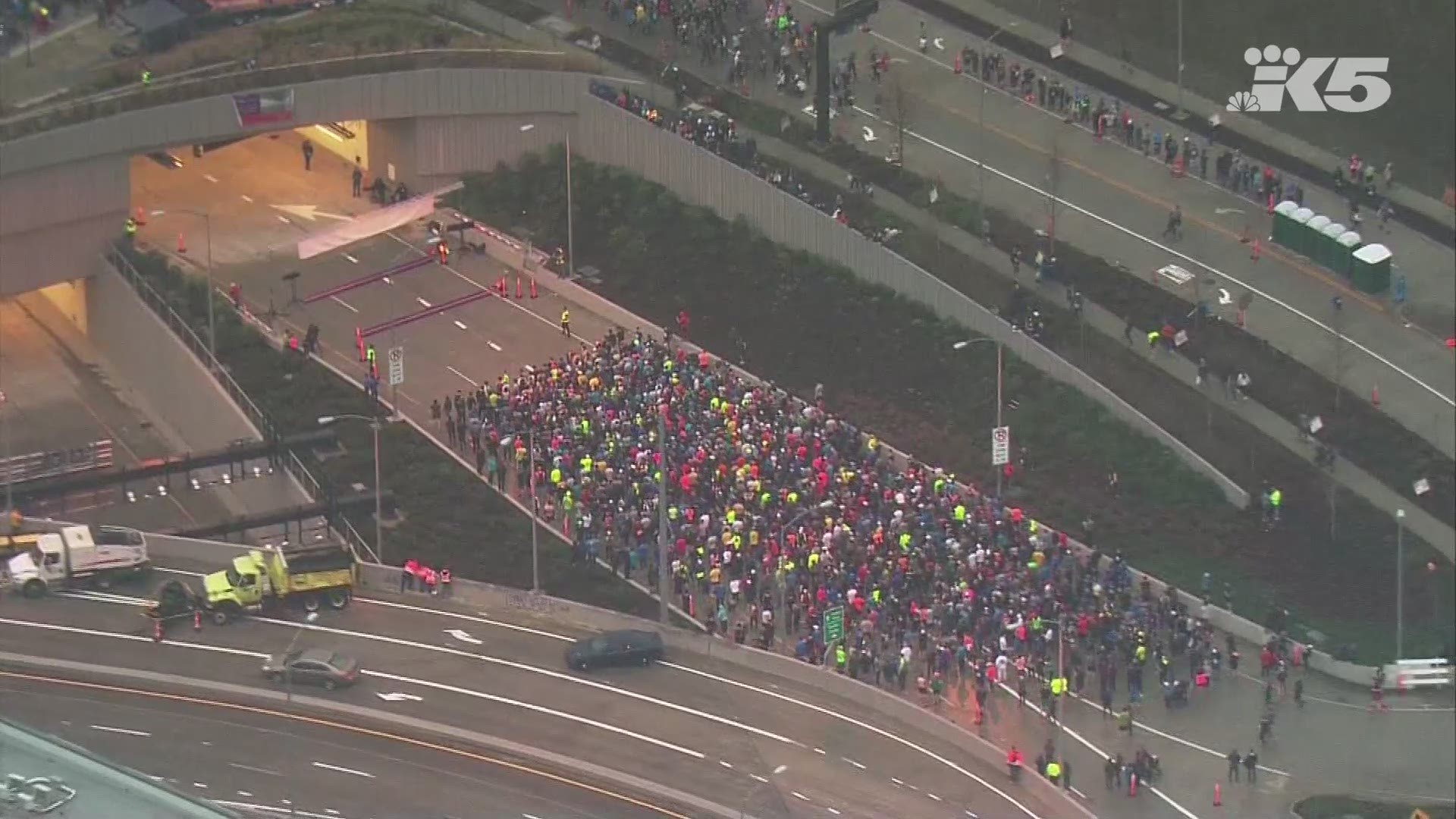 SkyKING aerials capture thousands of runners in the 8K fun run during the Seattle tunnel celebration on February 2, 2019.