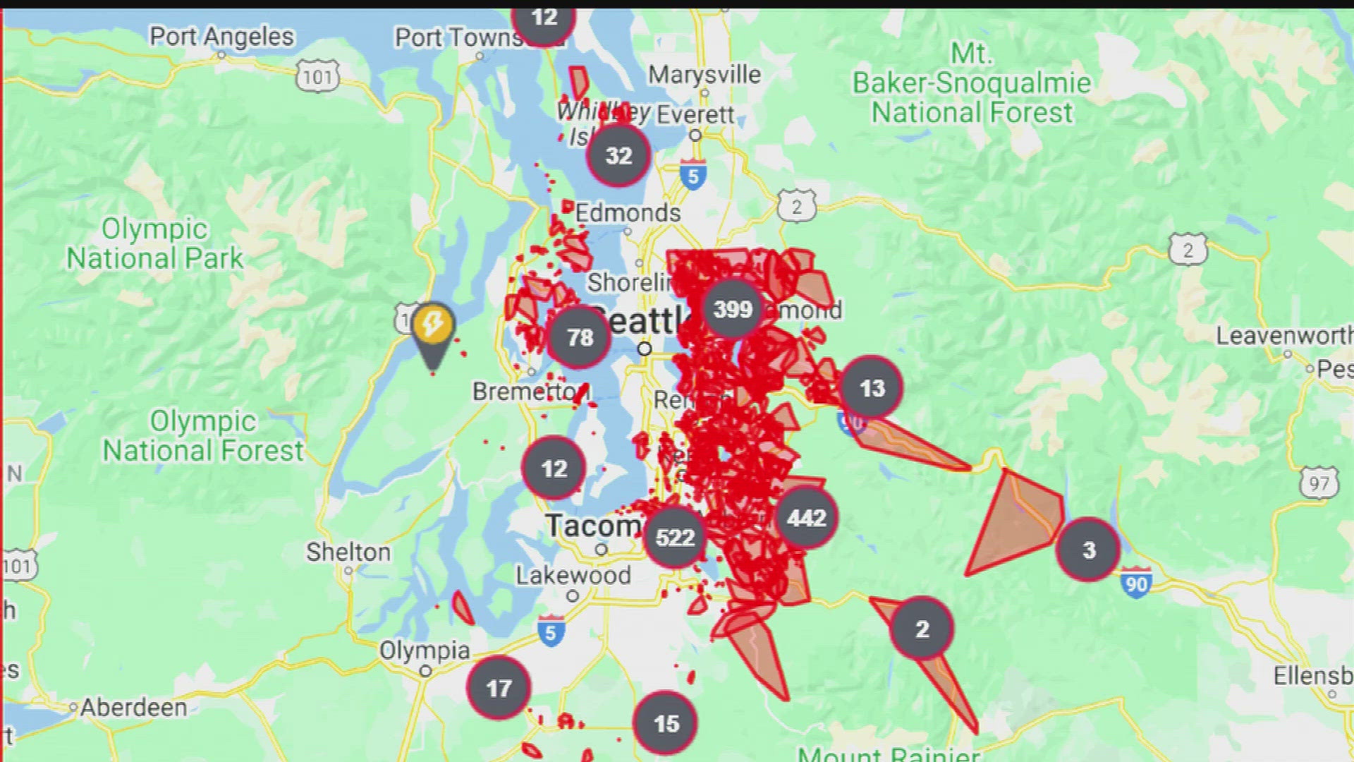 Powerful winds toppled trees and downed powerlines around Puget Sound.