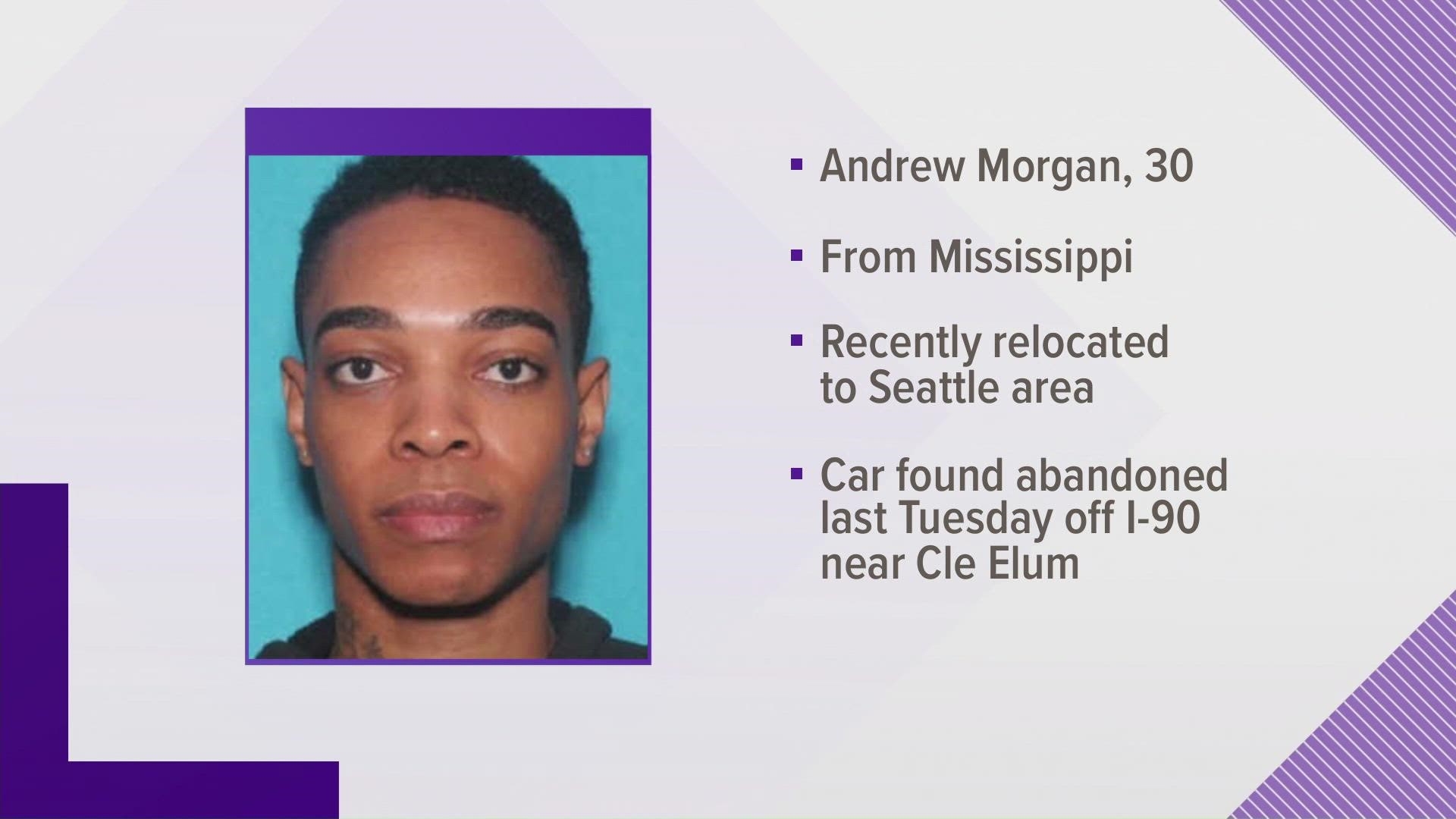 Andrew Morgan of Mississippi was reported missing after detectives believe he abandoned his car following a crash on I-90 near Cle Elum.