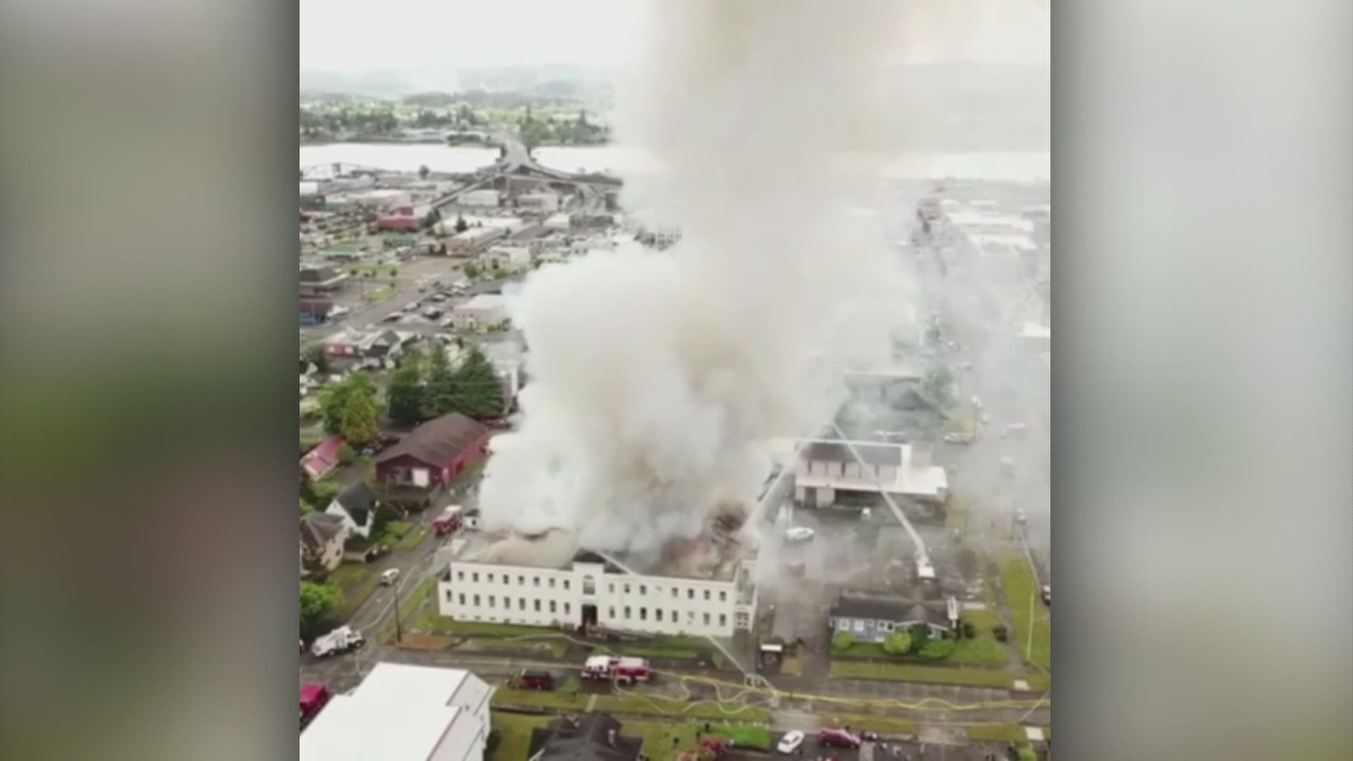 Viewer Eric Timmons captured the devastating fire at the Aberdeen Armory on drone video and shared it with KING 5. (Video by Eric Timmons, Aberdeen, Wash.)