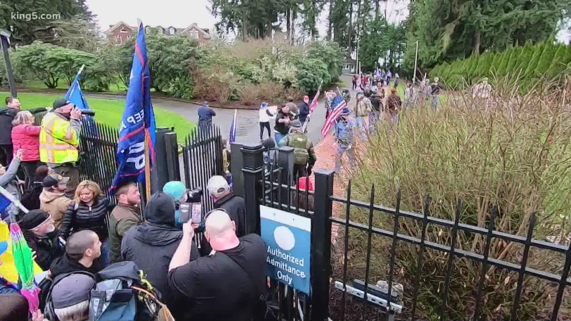 Trump supporters breached a gate at the Washington Governor's Mansion in Olympia around 3 p.m. Wednesday after a peaceful rally earlier in the day.