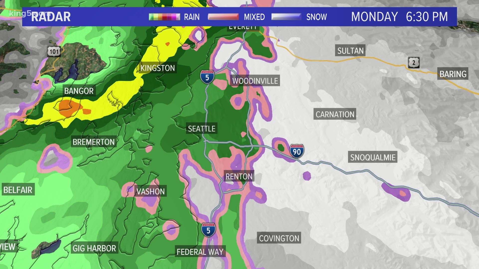 Snow started falling up north early Monday and reached Seattle by Monday evening.