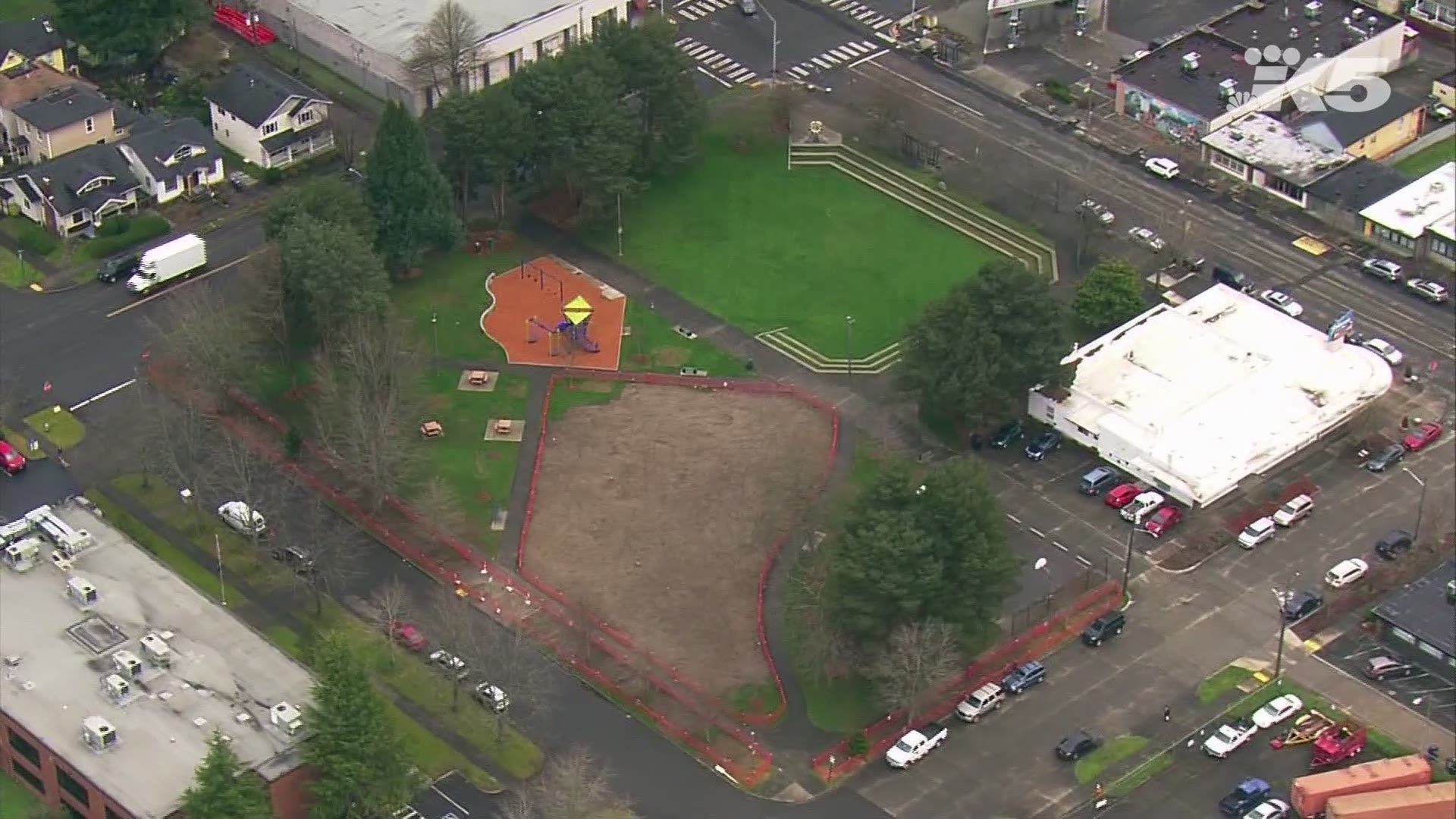 An aerial view of the restored People's Park in Tacoma following the cleanup of its homeless camp.