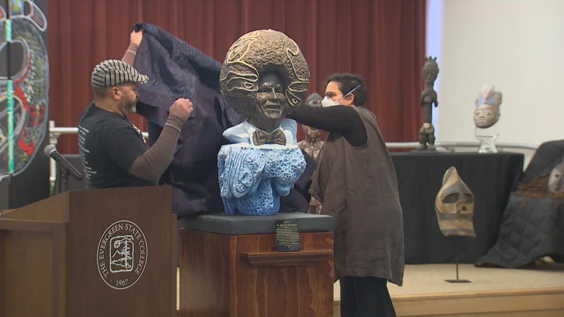 A statue of Dr. Warren Washington was showcased at Evergreen College in Tacoma.