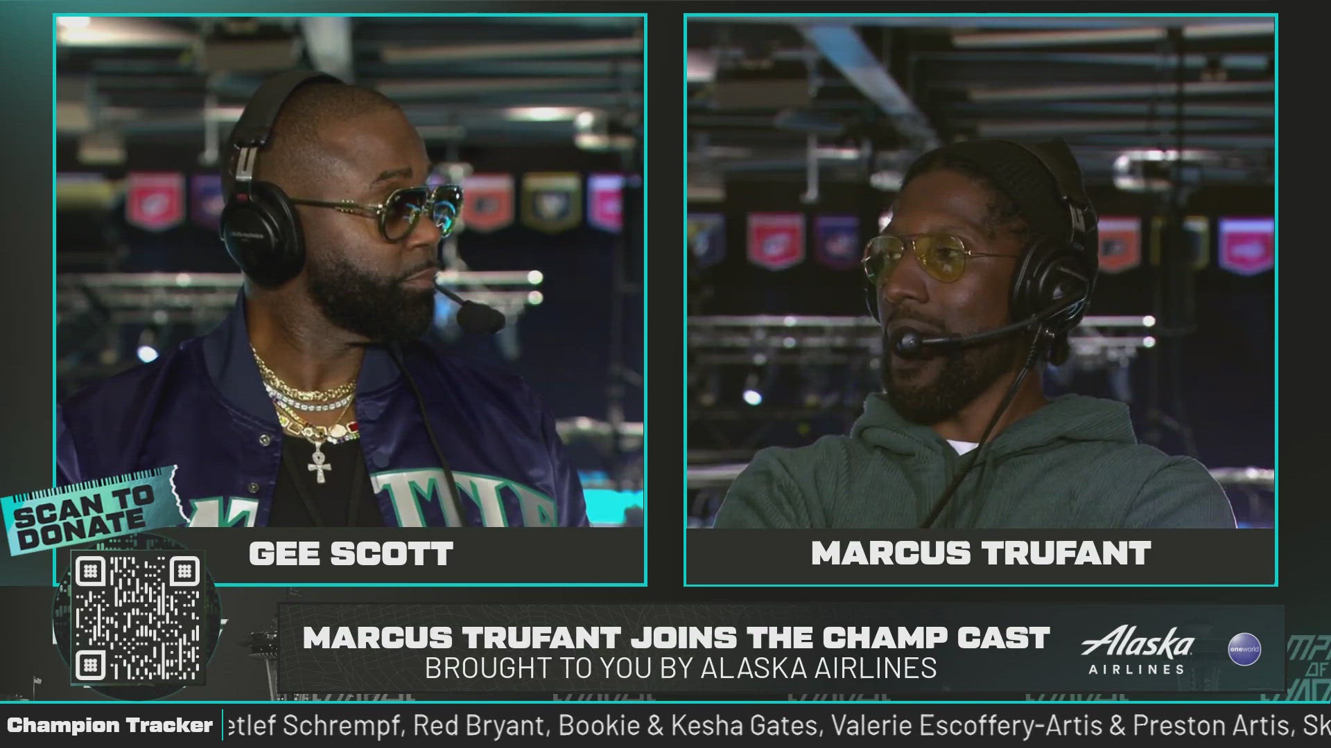 Marcus Trufant joined Gee Scott for part of the broadcast of the Champions of Change All-Star Basketball Game at Climate Pledge Arena.