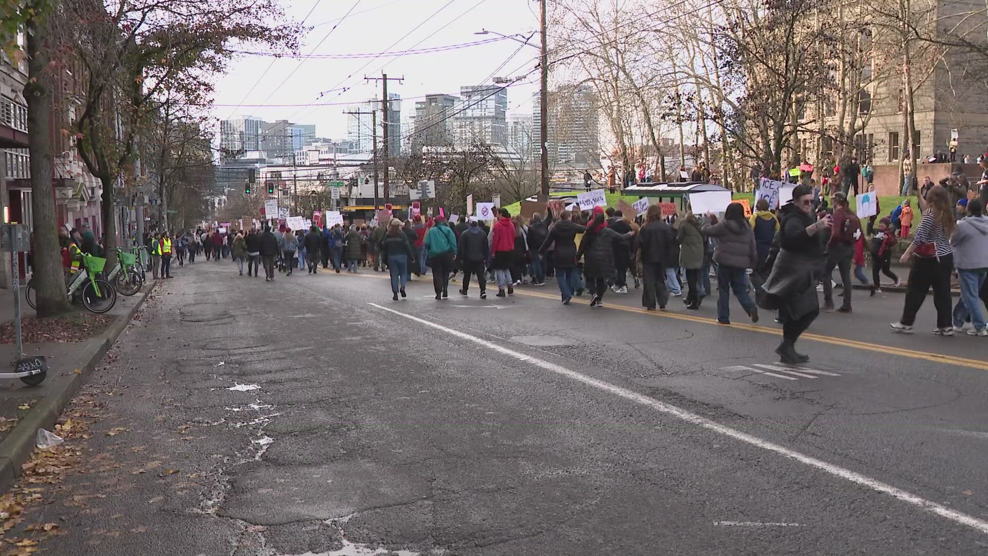 At least 1,000 people gathered at the Henry M. Jackson Federal Building in downtown Seattle after a march from Capitol Hill.