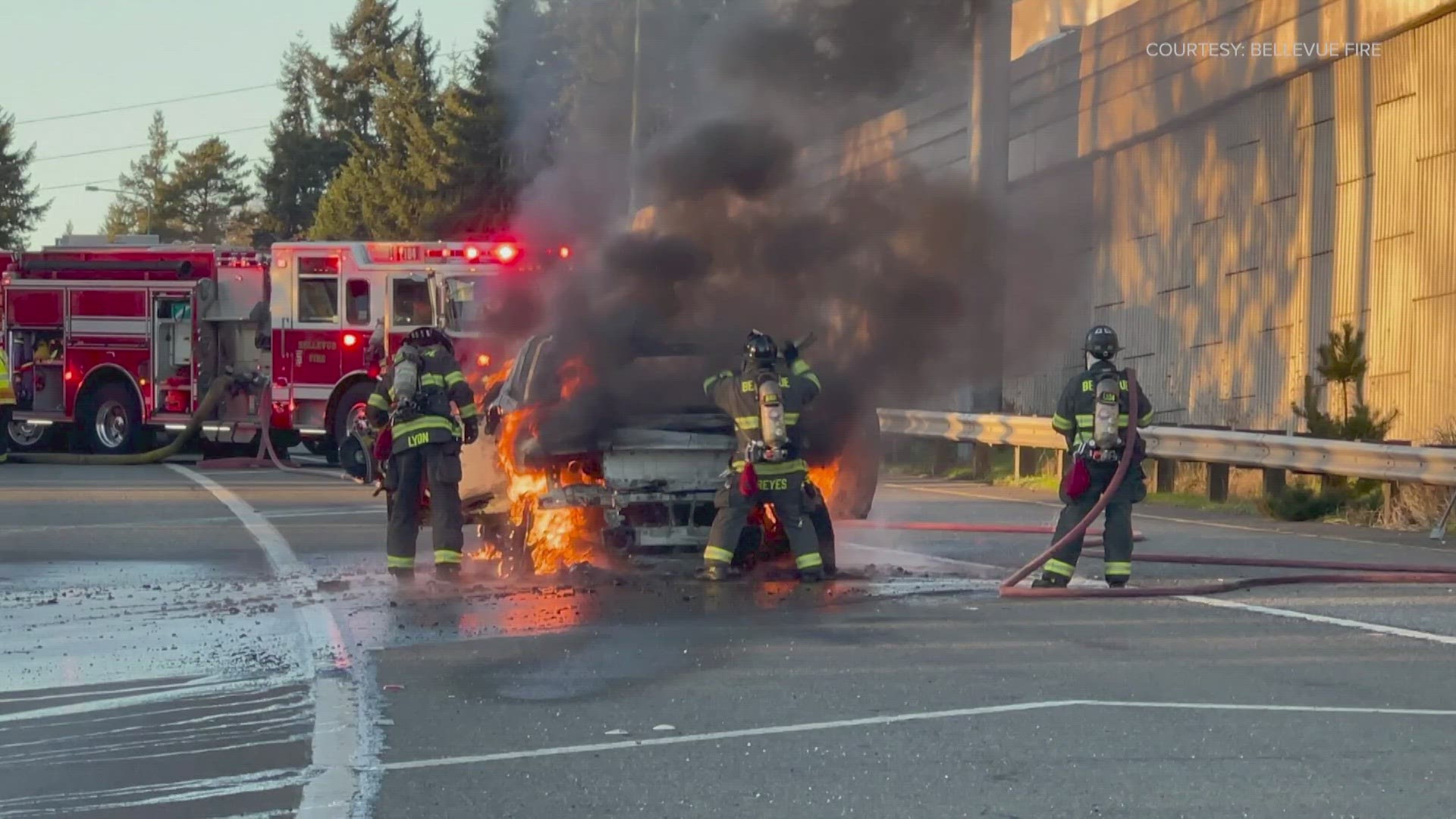 Bellevue firefighters had their hands full when a hit and run caused a Hummer EV to crash and burst into flames. It caught fire twice more after it was extinguished.