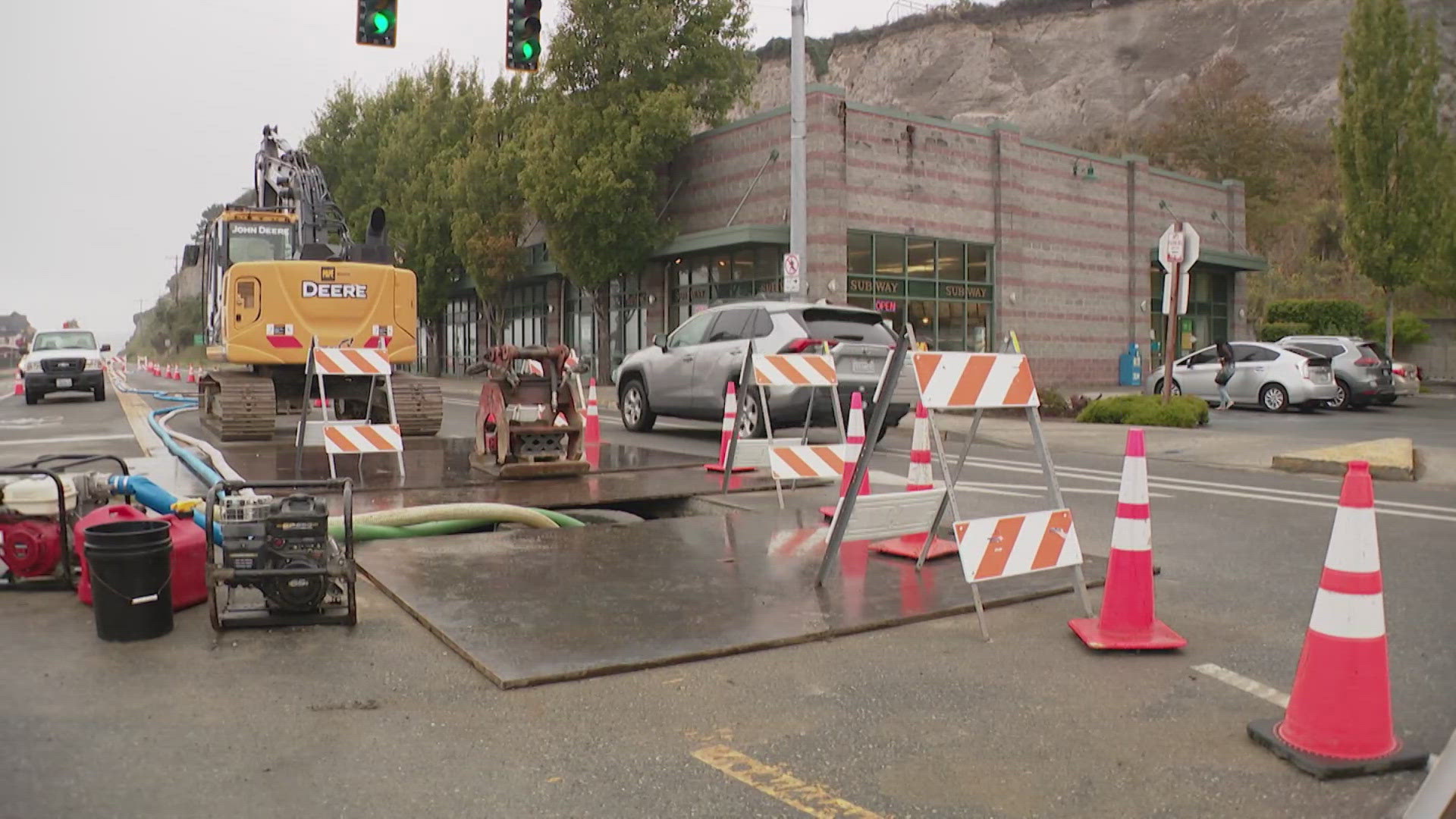 Traffic is down to one lane for cars both getting on and exiting the ferry in Port Townsend.