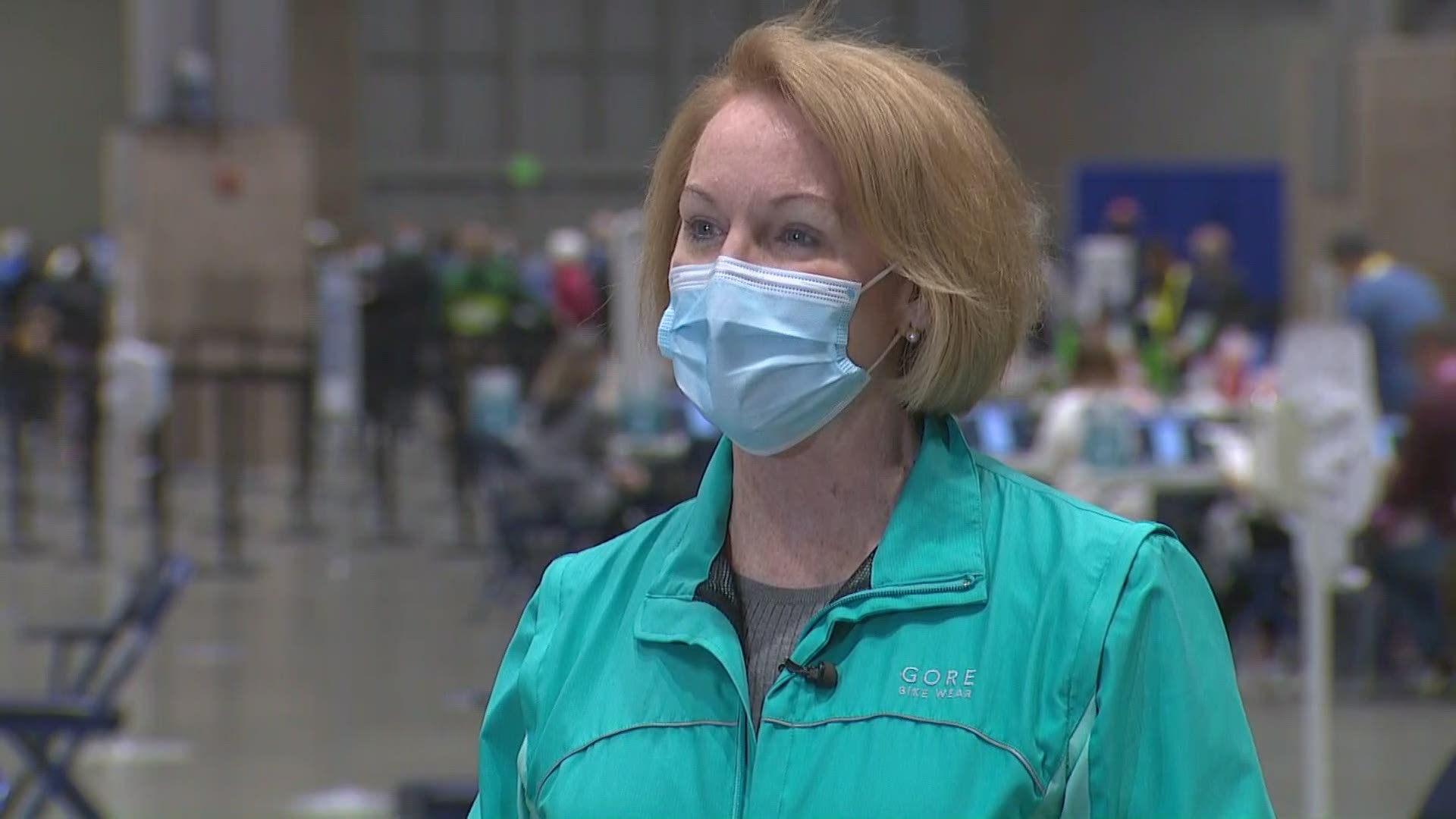 Seattle Mayor Jenny Durkan answered questions from the media Wednesday morning at the community COVID-19 vaccination site at the Lumen Field Event Center.