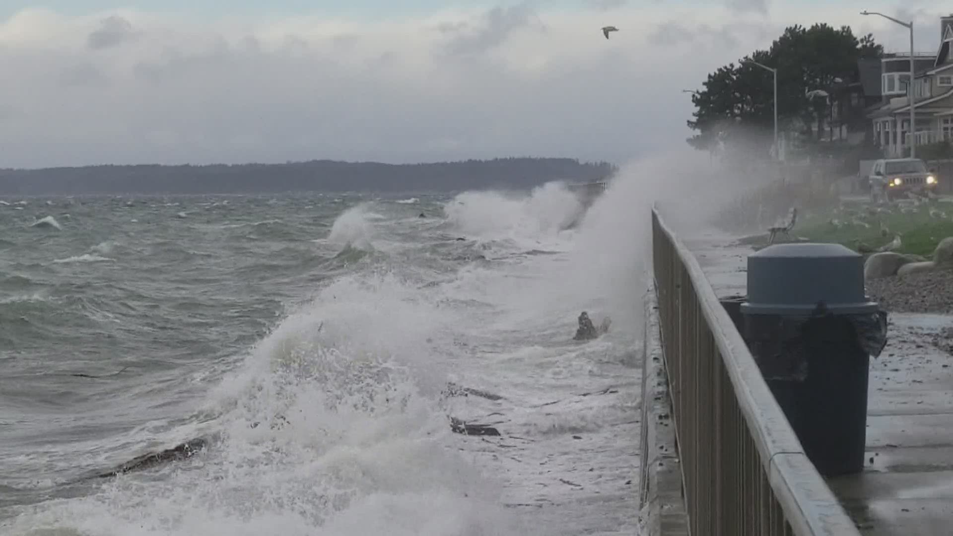 Strong winds kicked up waves at Seattle’s Alki Beach Thursday.