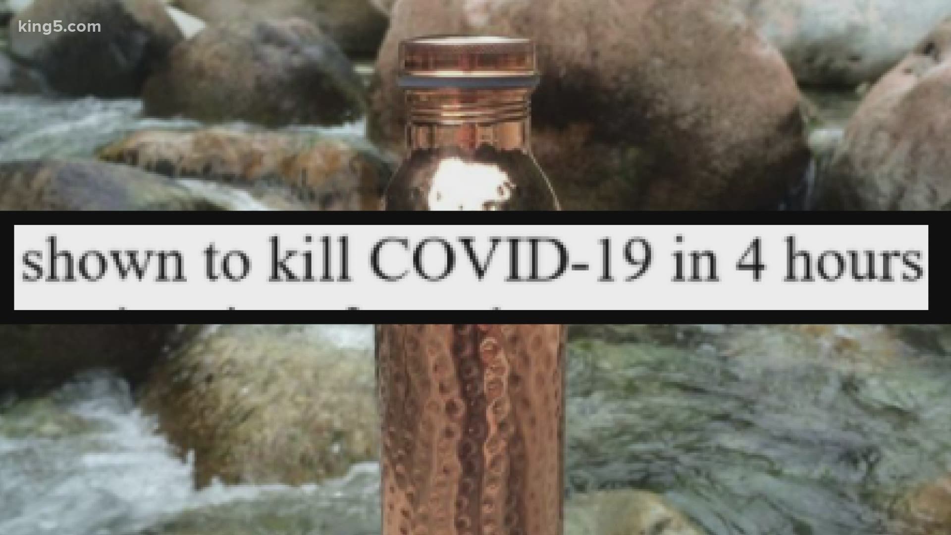 The company CopperH20 invites customers to "experience the benefits of a copper water bottle," and claims the product can protect people against getting COVID-19.
